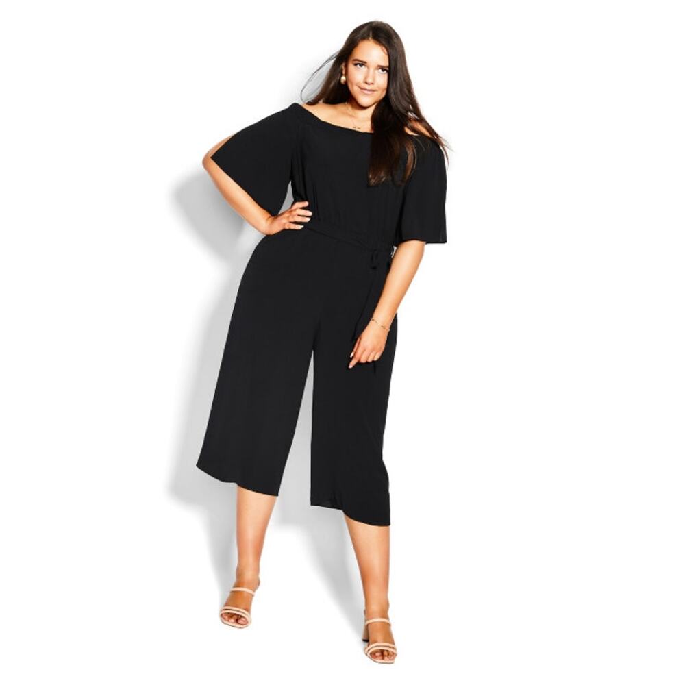 City Chic Women's Black Off Shoulder Wide Leg Cropped Jumpsuit Size XL/22 NWT